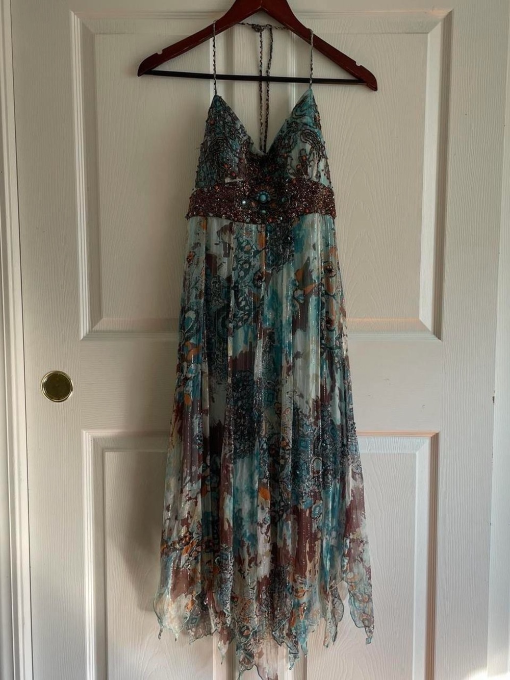vintage silk beaded turquoise sue wong halter dress